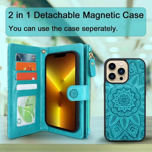 Harryshell Compatible with iPhone 13 Pro 5G 2021 Wallet Case Detachable Magnetic Cover Zipper Cash Pocket Multi Card Slots Holder Wrist Strap Lany...
