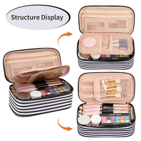 OCHEAL Small Cosmetic Bag,Portable Cute Travel Makeup Bag for Women and girls Makeup Brush Organizer cosmetics Pouch Bags-Black/White Stripes...