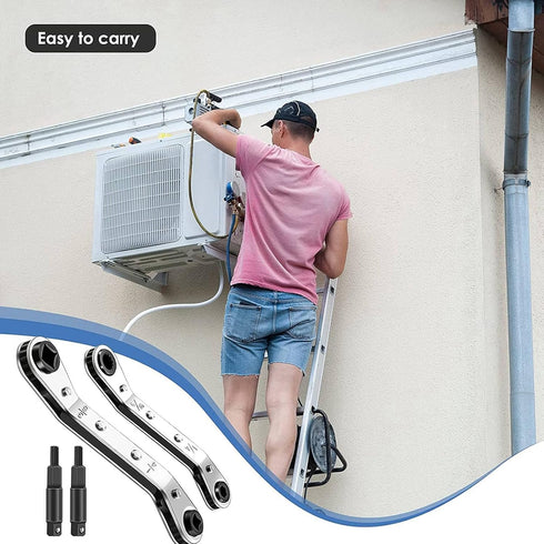 HVAC Service Wrench, 3/8” 1/4” 5/16” Refrigeration Service Wrench Set Air Conditioner Valve Ratchet Wrench with 2 Bit Adapter for Equipment Repair...
