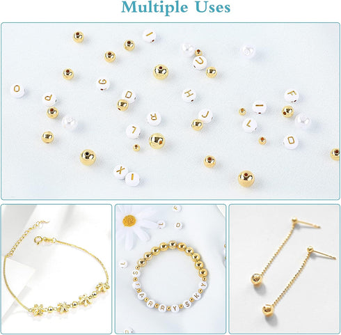 DECYOOL 1800Pcs Jewelry Making Kit - 1500Pcs Gold Round Spacer Smooth Loose Ball Beads, 150Pcs Alphabet, 150Pcs White Pearls and 2 Rolls Elastic S...