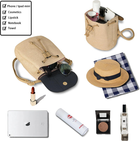 Women Beach Bag Summer Straw Woven Shoulder Bag Crossbody Bucket Handbags Handmade Hobo Purse Bamboo Handle...