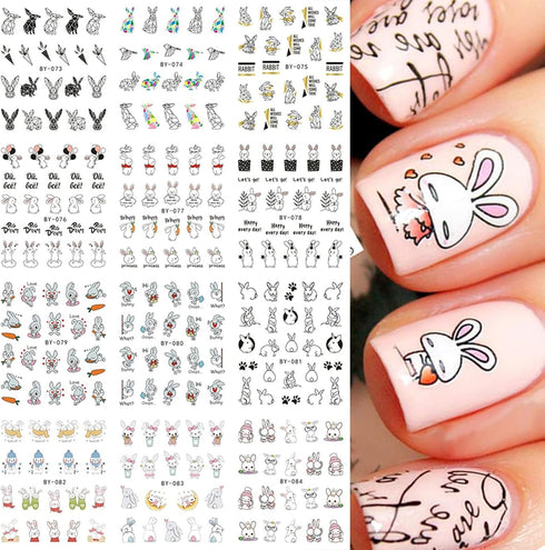 12 Sheets Bunny Nail Art Stickers Easter Water Transfer Nail Decals Cute Rabbit Cartoon Nail Design Abstract Line Rabbit Nail Sticker Easter Nail ...