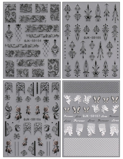JMEOWIO 3D Embossed Black White Flower Nail Art Stickers Decals Self-Adhesive Pegatinas Uñas 5D Leaves Lace Nail Supplies Nail Art Design Decorati...