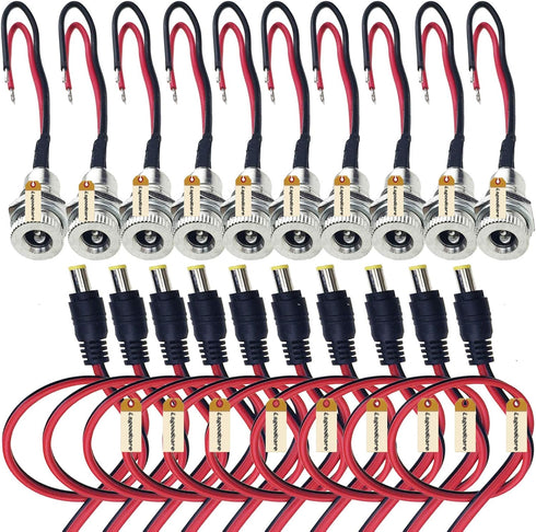 Lsgoodcare 20Pcs 5.5 x 2.1 MM DC Power Jack Socket Dc099 30V Threaded Female Mount Connector Adapter with Cable & 5.5mm x 2.1mm 12V Pure Copper Ma...