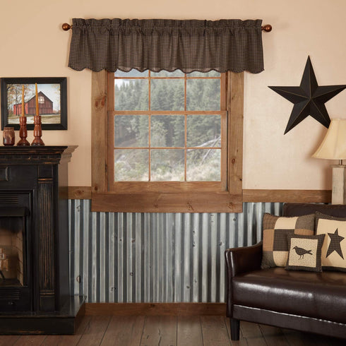 VHC Brands Kettle Grove Window Curtain, Plaid Valance Scalloped, Black, 16x72...