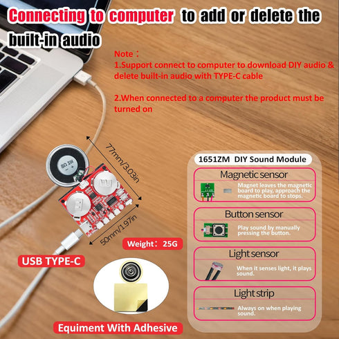 Sound Module, JRGKJCP 16MB Push Button & Magnetron & Light Control Activated Recordable Voice Sound Chip Module with Light Strip & Speaker, for Gr...