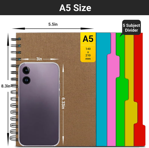 EUSOAR Notebook 5 Subject with Tabs, 1pcs A5 5.5"x8.3" Spiral College Ruled Writing Pad, 100GSM 120Sheets/ 240Pages of Lined Paper, Thick Hardcove...