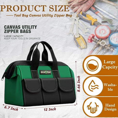 12 Inch Tool Bag for Men,Multi-Pockets Wide Mouth Tool Tote,Tool Bags with Waterproof Soft Bottom,Heavy Duty Tool Bag Organizer Specially Designed...