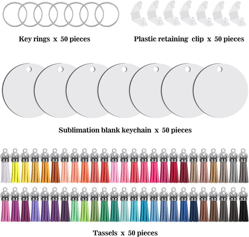 Duufin 200 Pieces Sublimation Keychain Blanks Tassels Set Heat Transfer Blank Keychain Tassels with Key Rings MDF Blank Board Round Keychain Blank...