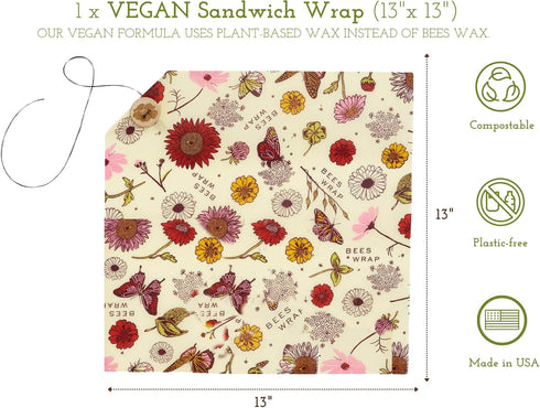 Bee's Wrap Vegan Beeswax Wraps for Food - Vegan Meadow Magic Sandwich Wrap - Made in USA Reusable Bread Bags - Organic & Eco-Friendly Alternative ...