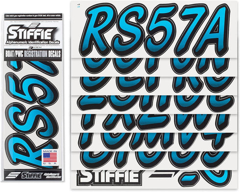STIFFIE Whipline Sky Blue/Black 3" Boat & PWC Registration Decals • Numbers Letters Stickers...