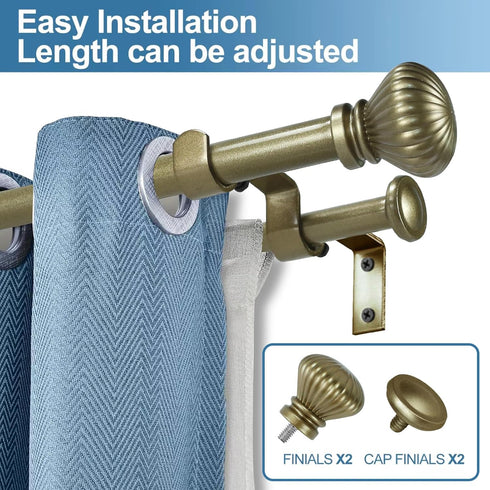 Urbanest Fluted Ball Adjustable Double Drapery Curtain Rod Set, 5/8", 48"-84", Antique Gold...