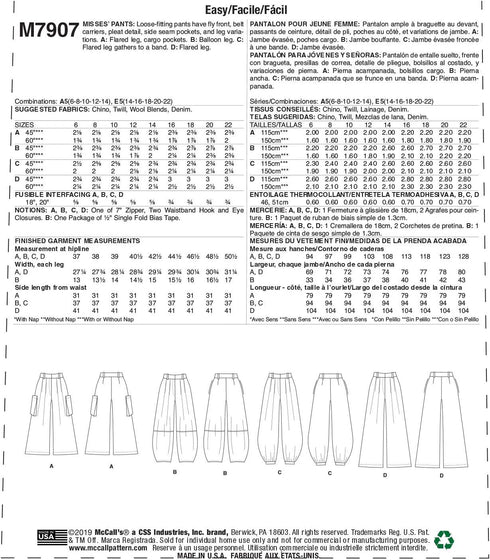 McCall Pattern Women's Loose Fit Capri Pants, Sizes 14-22 Sewing Pattern...