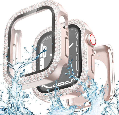 2 in 1 Waterproof Bling Case Compatible for Apple Watch 40mm Screen Protector SE Series 6/5/4, Women Glitter Diamond Rhinestone Bumper Face Cover ...