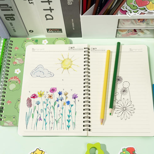 L1rabe 2 A5 Frog Spiral Notebooks Cute Frog Playing Banjo Mushroom College Ruled Hardbound Notebooks, Travel Journal Diary Notepad for Kids Teens,...