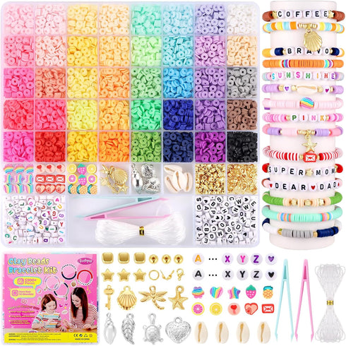Funtopia Clay Beads Bracelet Making Kit, 40 Colors Polymer Clay Beads for Jewelry Making, 5300+ Pcs Heishi Beads Friendship Bracelet Kit with Alph...