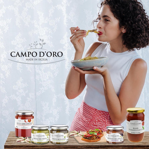 Trapanese Pesto Sauce, made with Tomato Sauce, Basil & Almonds. Italian Specialties. 6.3oz (180g). 100% made in Italy. By Campo D'Oro...