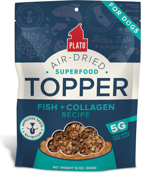 PLATO Pet Treats Air Dried Dog Food Topper, Fish and Collagen Recipe, Superfood, Grain Free, Made in The USA, 5.5oz...