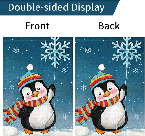 Winter Penguins Garden Flag Welcome Christmas Snowflakes Scarfs Yard Flags 12x18 Inch Double Sided Burlap Xmas Banner for Winter Holiday Christmas...