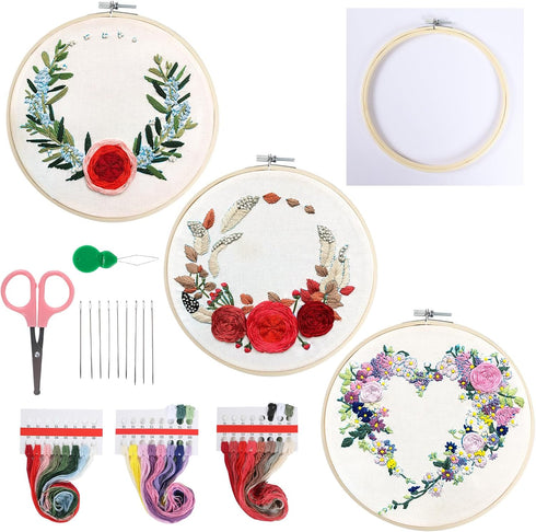 Creativease Embroidery DIY Starter Kit, 3pcs Set | Floral & Plant Designs for Adults and Kids Alike | with 20cm Bamboo Hoop, 28 * 29cm Cloth, and ...
