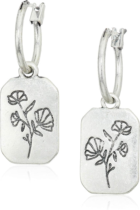 Lucky Brand Silver-Tone Flower Rectangle Charm Hoop Earrings...