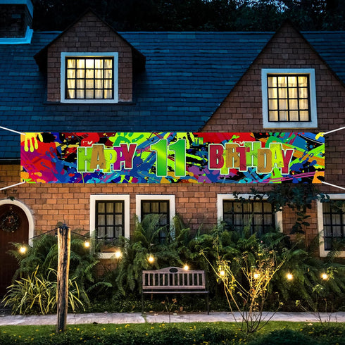 Colorful Neon Graffiti Happy 11th Birthday Banner, Glow in the Dark 11th Birthday Yard Banner Sign, Splash Paint Polyester Children Kids Eleven Ye...