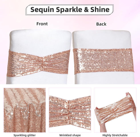 Poise3EHome Rose Gold Sequin Chair Sashes Folding Chair Covers Bow for Party Wedding Reception Decorations, 10 PCS...