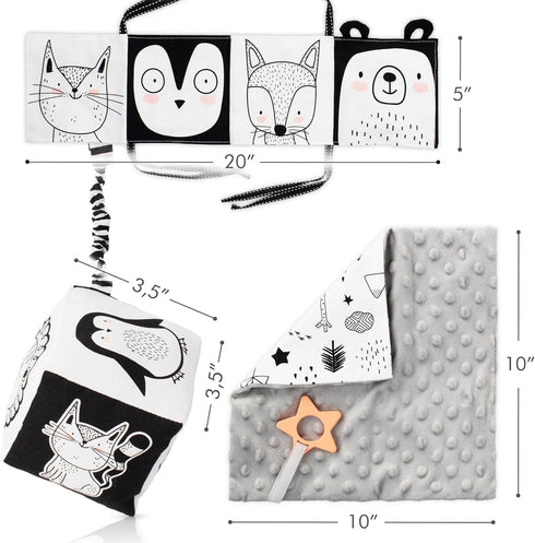 The Ultimate Tummy Time Toys Set of 3 - Soft High Contrast Book, Toy Block, Crinkle Paper and Teether - Stimulating Black & White Sensory Developm...