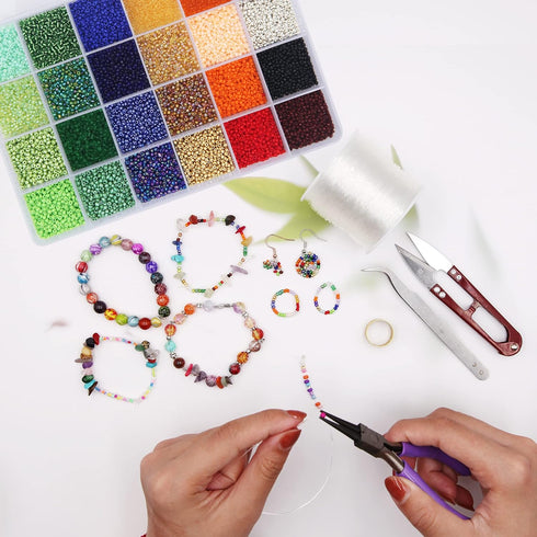 EuTengHao 14400pcs Glass Seed Beads Small Craft Beads for DIY Bracelet Necklaces Crafting Jewelry Making Supplies with Two 0.5mm Clear Bracelet St...