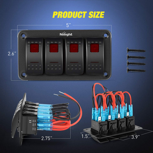 Nilight 4 Gang Rocker Switch Panel 5Pin On Off Toggle Aluminum Holder 12V 24V Dash Pre-Wired Red Backlit Switches for Automotive Cars Marine Boats...