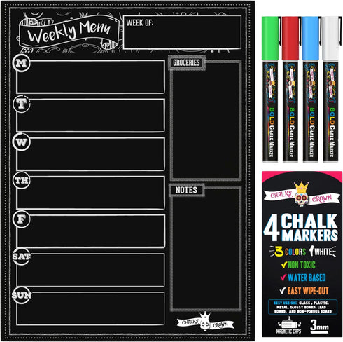 Magnetic Dry Erase Menu Board for Fridge includes 4 Liquid Chalk Markers - Weekly Meal Planner Blackboard, Grocery List and Notepad for Kitchen Re...