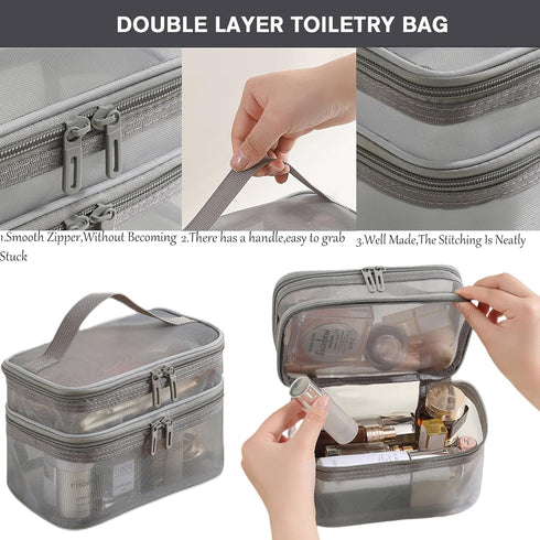 Double Layer Big Makeup Bag Travel Cosmetic Case Makeup Organizer Bag Portable Skin Care Toiletry Bag (beige)...
