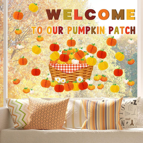 79Pcs Fall Bulletin Board Decoration Set Pumpkin Basket Cut-Outs Welcome to Our Patch Honeycomb Balls Border Trims for Autumn Thanksgiving Party D...