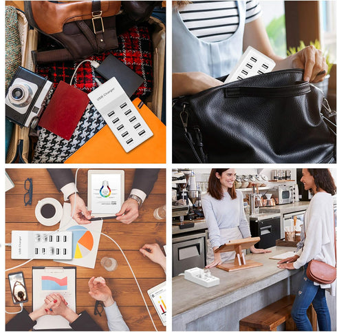 USB Charger Station Block with Rapid Charging Auto Detect Technology Safety Guaranteed 10-Port Family-Sized Smart USB Ports for Multiple Devices S...