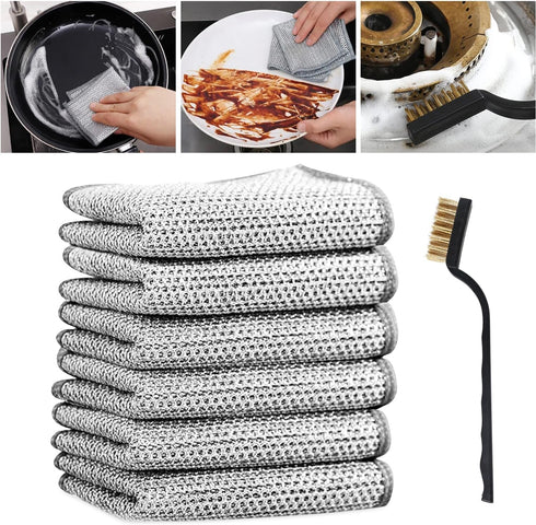 7 Pcs Non Scratch Wire Dishcloth & Wire Brush, Multipurpose Wire Dishwashing Rags for Wet and Dry, New Upgrade Wire Dishwashing Rag, Powerful Clea...