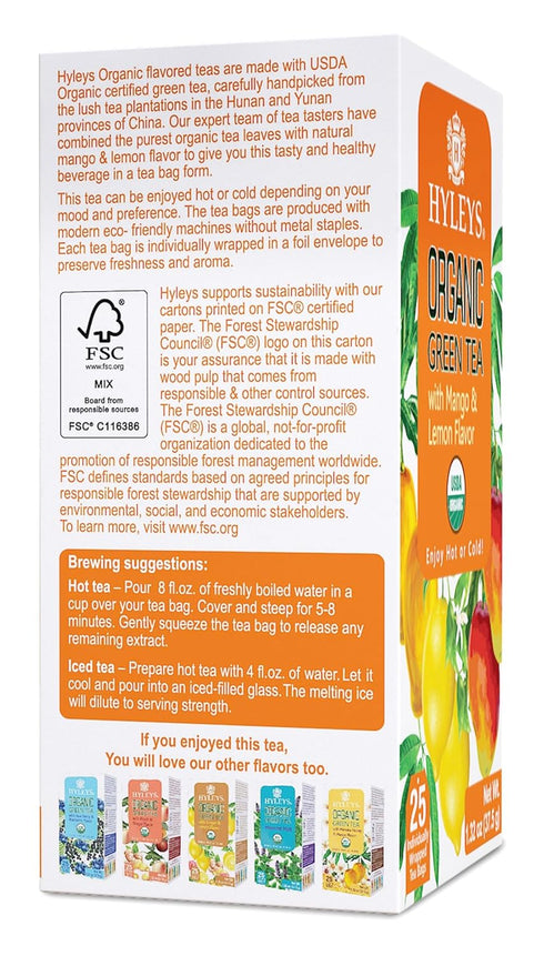 Hyleys Organic Green Tea Mango and Lemon Flavor - 25 Tea Bags...
