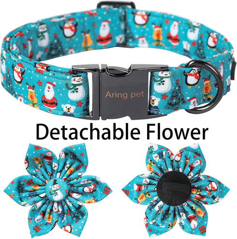 ARING PET Christmas Dog Collar-Cute Winter Girl Dog Collar with Flower, Adjustable Cotton Blue Christmas Pet Collar Puppy Collars...