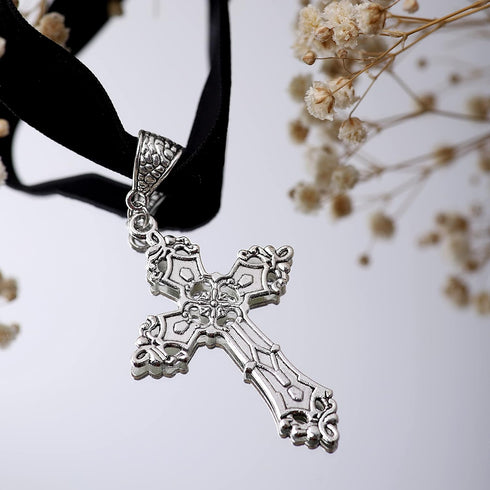 Sacina Gothic Cross Necklace, Zinc Alloy Black Cross Necklace, Halloween, Christmas Goth Jewelry Gift for Women (Silver Color Cross Choker)...
