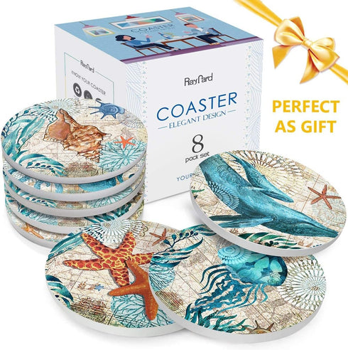 Absorbent Coasters Stone Coaster Set of 8, Cork Base, with Holder, RayPard Beach Theme Sea Life Coastal Coasters for Housewarming Apartment Kitche...