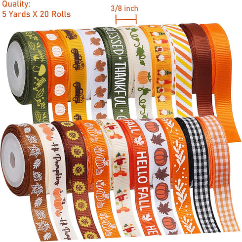 Fall Ribbons 3/8 Inch x 100Yards (20 Rolls x 5Yards), Fall Grosgrain Ribbons for Gift Wrapping, Thanksgiving Pumpkin Ribbons for Crafts Bows Fall ...