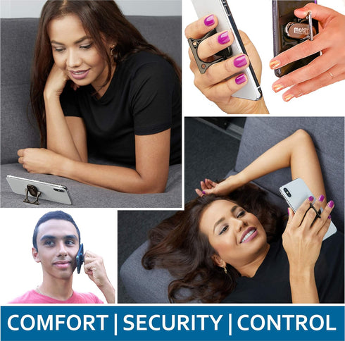 Phone Grip Holder Ring Kickstand, Unique 3-Finger Shape for Comfort and Security with Strap, Lightweight, Durable, Scratch Resistant, Compatible w...