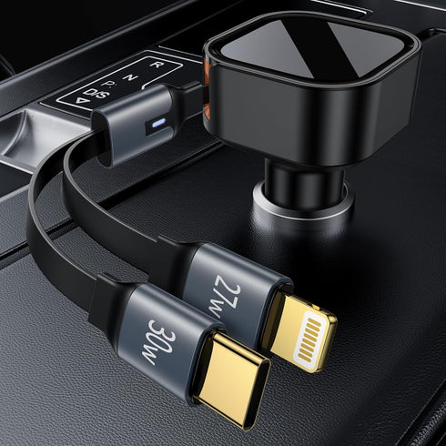Retractable Car Charger 2-in-1 Fast Charging Type C and Lightning Cable USB C Car Charger Adapter Compatible with iPhone 15/14/13/12 Pro Max, Plus...