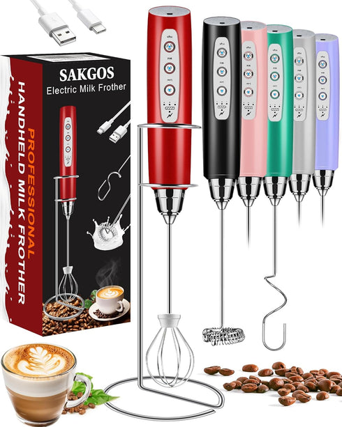 Milk Frother with Stand Rechargeable-Handheld Frother Wand with 3 Stainless Whisks 3 Speed Adjustable, Electric Whisk Drink Mixer, Foam Maker Blen...
