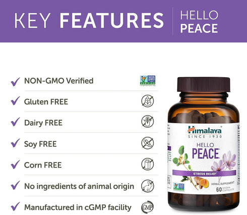 Himalaya Hello Peace, Daily Stress Relief Herbal Supplement, Ashwagandha, Turmeric, Saffron, Eases Nervousness, Relaxation and Calm, Balances Cort...