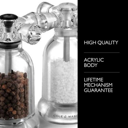COLE & MASON Tap Salt and Pepper Grinder Set - Acrylic Mills Include Precision Mechanisms and Premium Sea Salt and Peppercorns...