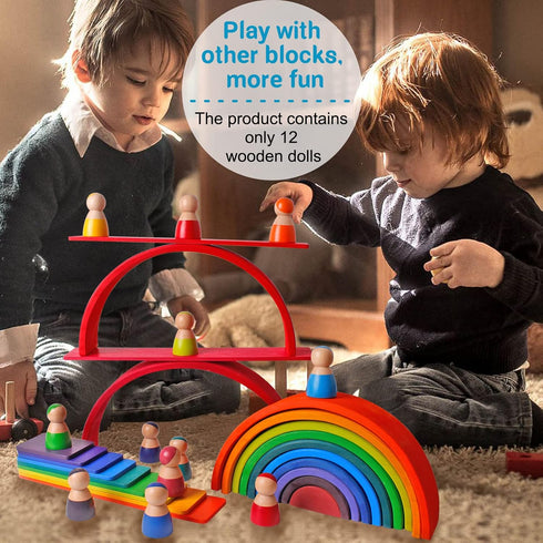 SHIERDU 12 PCS Rainbow Wood Peg Dolls Wooden Pretend Play People Figures for Toddlers Preschool Learning Educational Toys Wooden Toddler Toys for ...