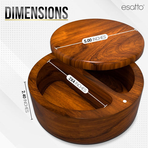 Esatto Round Acacia Wooden Salt and Spice Box, Magnetic Swivel Lid For Easy Storage or Retrieval, Salt Pepper or Spice Storage Box, With Two Worki...