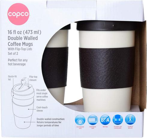 Copco 5237070 Resusable Set of 2 Insulated Double Wall Travel Mugs, 16-Ounce, White/Brown...