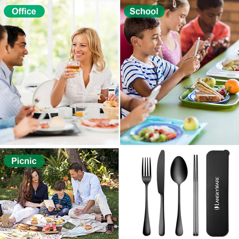 Travel Utensils, 18/8 Stainless Steel 4pcs Cutlery Set Portable Camp Reusable Flatware Silverware, Include Fork Spoon Chopsticks with Case (black)...