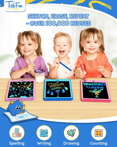 TEKFUN 3 Pack LCD Writing Tablet for Kids, 8.5 Inch Blue+Pink+Purple Doodle Board Drawing Board Reusable Drawing Tablet with Lanyard, Educational ...